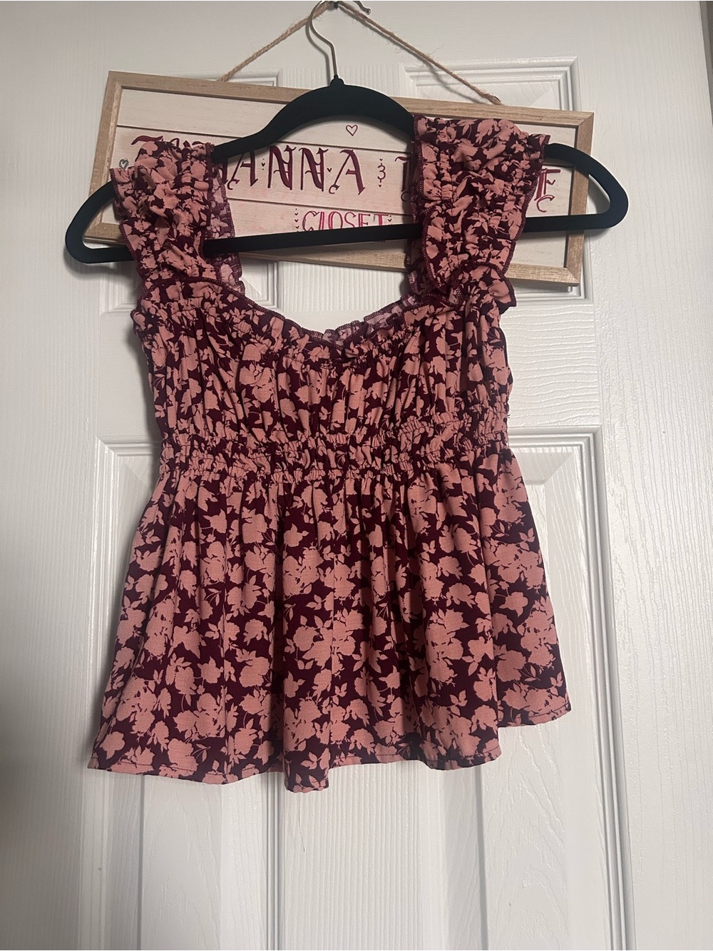 Smocked Floral Ruffle Tank Top - Pink & Maroon